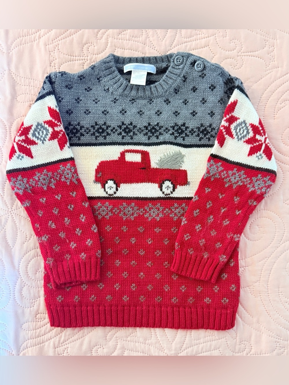 Janie and Jack 100% Merino Wool Christmas Sweater Red Truck Fair Isle 12-18 Mont